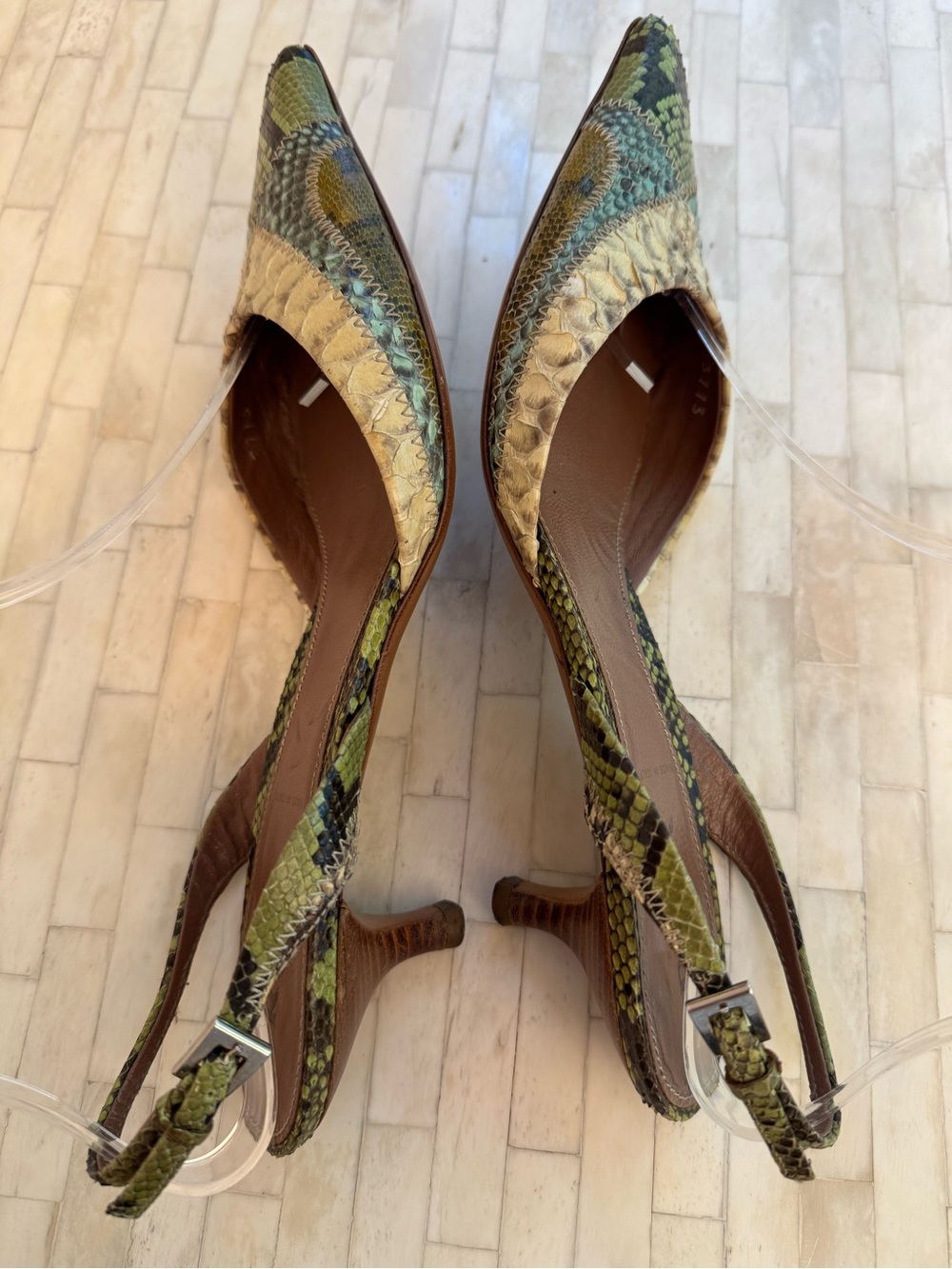 Prada 1P5478 Patch Summer Menta Python Snakeskin Slingback Heels 37 Y2K Shoes - Picture 7 of 10